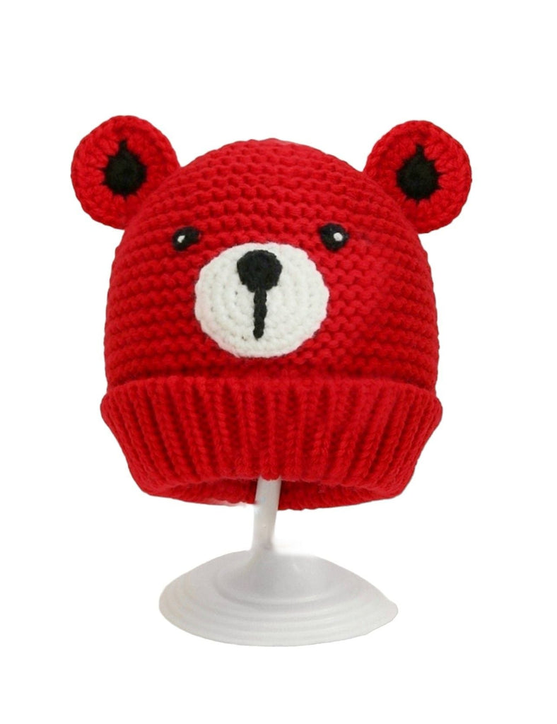 Adorable baby girl's red crochet beanie with a cute teddy bear face and ears.