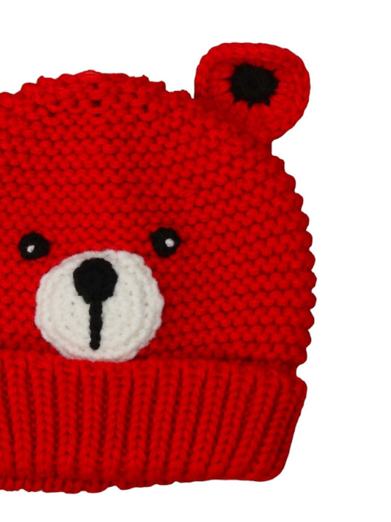 Cozy red crochet beanie with teddy bear features for baby girls, top view."