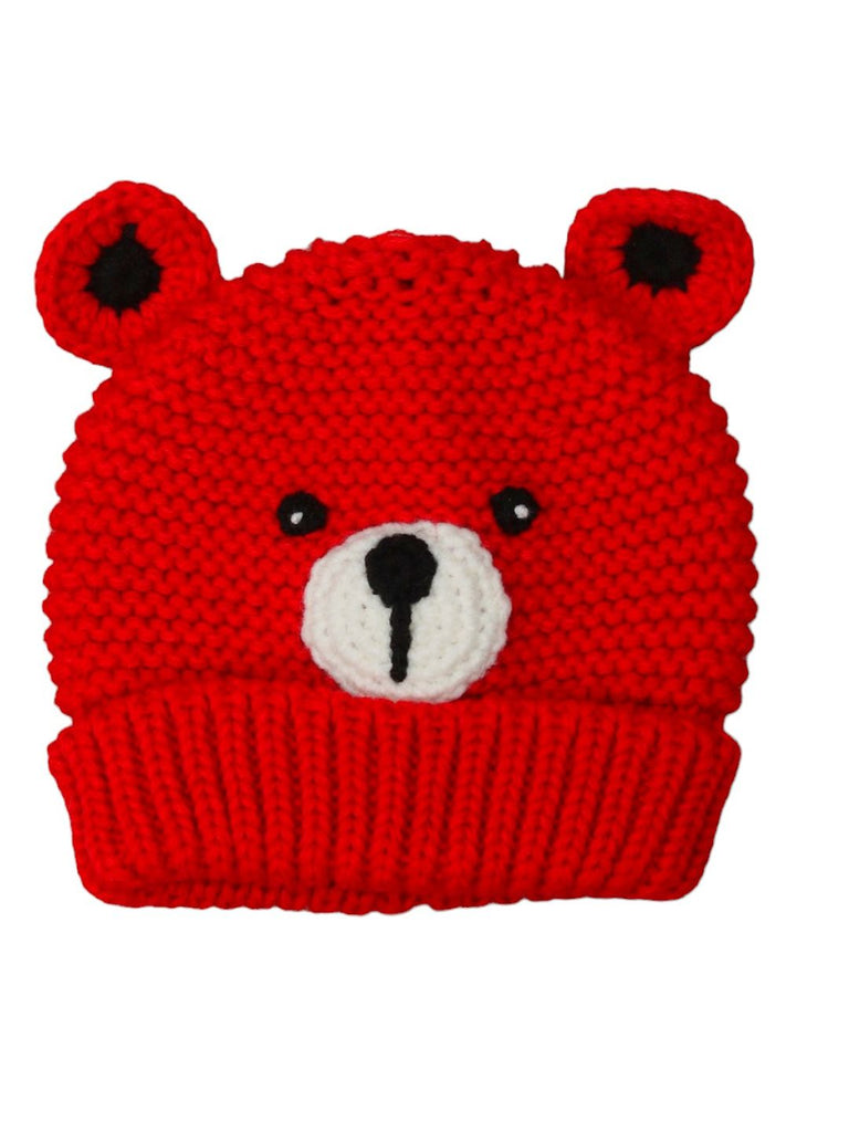 Handmade red teddy bear crochet beanie for girls aged 6-12 months, perfect for winter