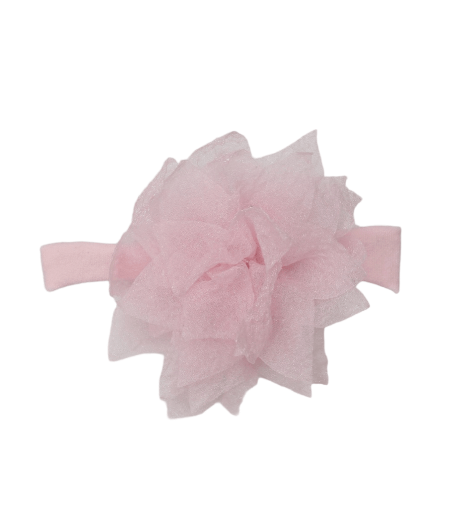 Soft pink headband with delicate detailing, part of Yellow Bee's baby set.