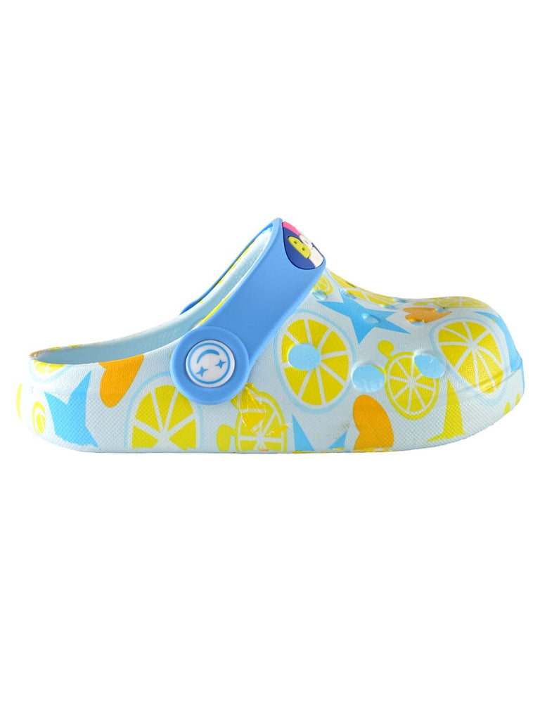 Children's Blue Clogs with Yellow Citrus Pattern and Secure Heel Strap-side1