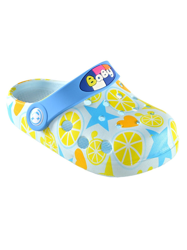 Children's Blue Clogs with Yellow Citrus Pattern and Secure Heel Strap-side