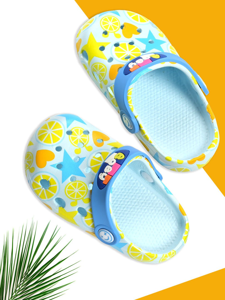 Children's Blue Clogs with Yellow Citrus Pattern and Secure Heel Strap