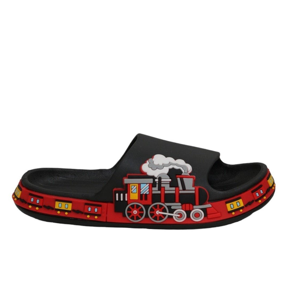 Angled View of Child-Friendly Black Train Slide with Red Accents