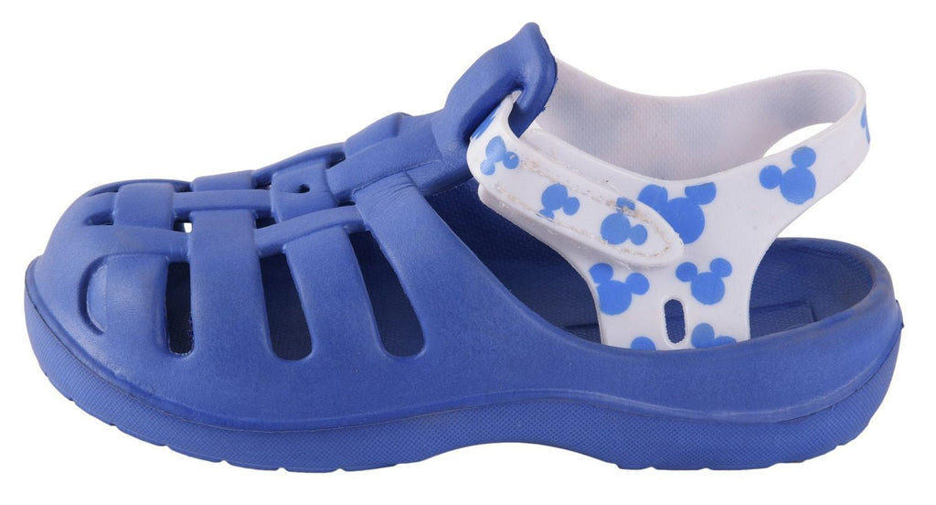 Side Profile View of Boys' Blue Clogs with Adjustable Strap