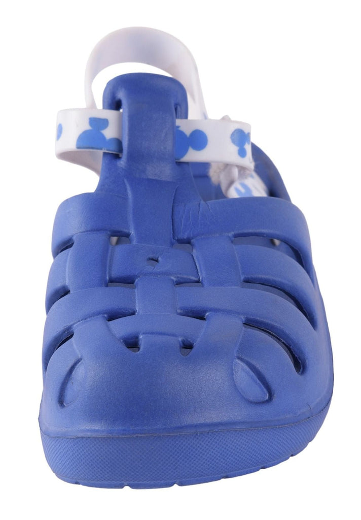Detailed View of Boys' Blue Clogs with Hook and Loop Closure