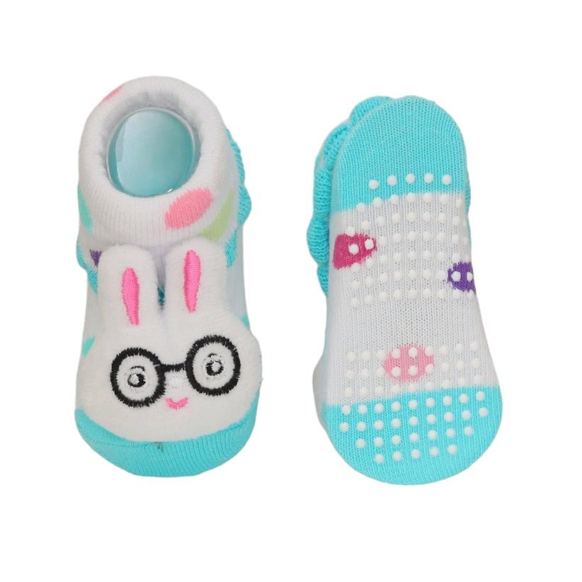 Pair of white and turquoise bunny-designed stuffed toy socks for kids, standing view.
