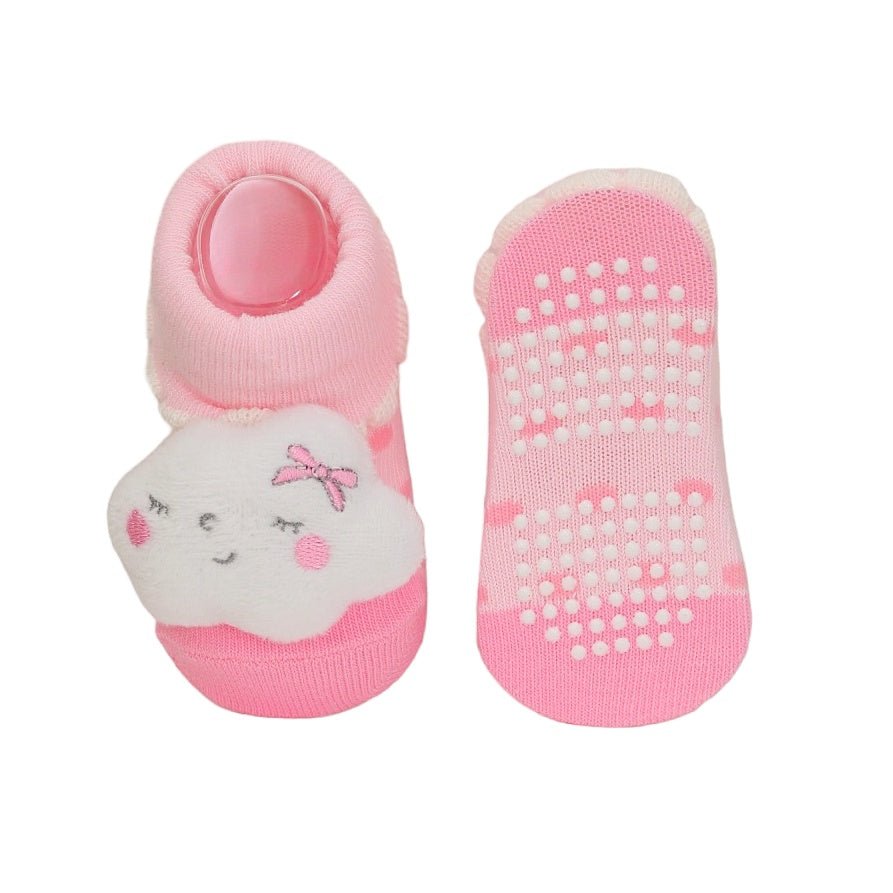 Pink and white cloud-designed stuffed toy sock for kids with non-slip sole, front and bottom view.