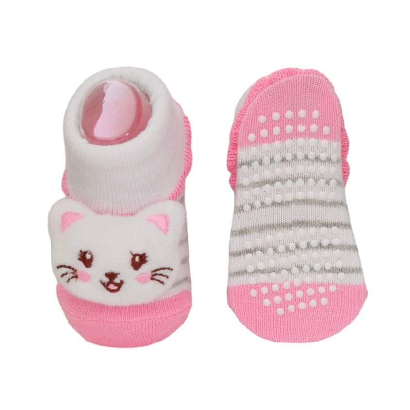 Pink and white cat-designed stuffed toy sock for kids with non-slip sole, front and bottom view.