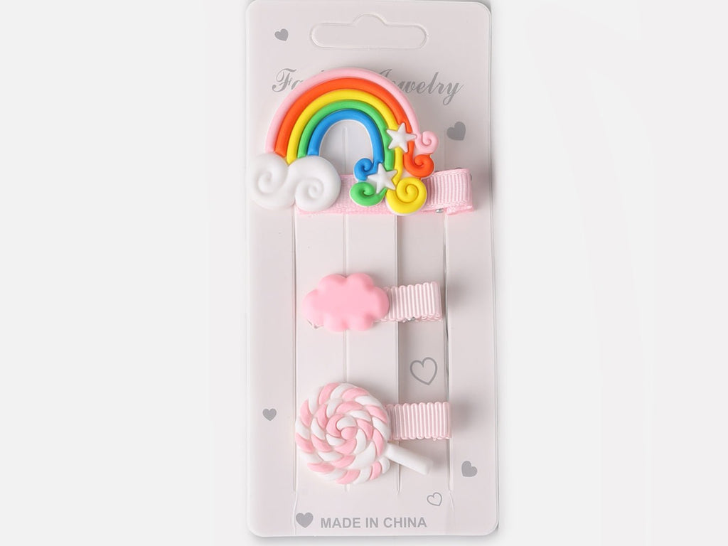 Cute and colorful hair clip set with cloud and rainbow designs for girls