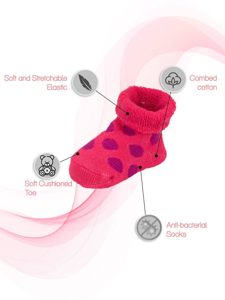 Infographic of fuchsia baby sock highlighting soft elastic, combed cotton, and anti-bacterial properties