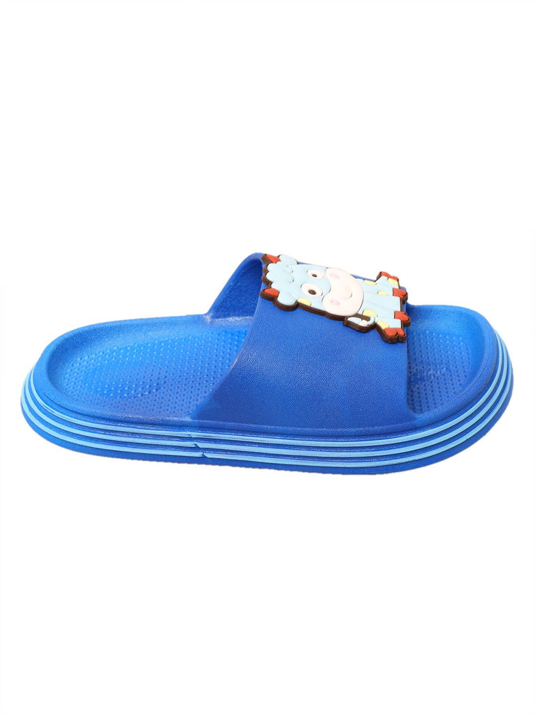 Child's cow-themed slide sandal in deep blue color overhead shot