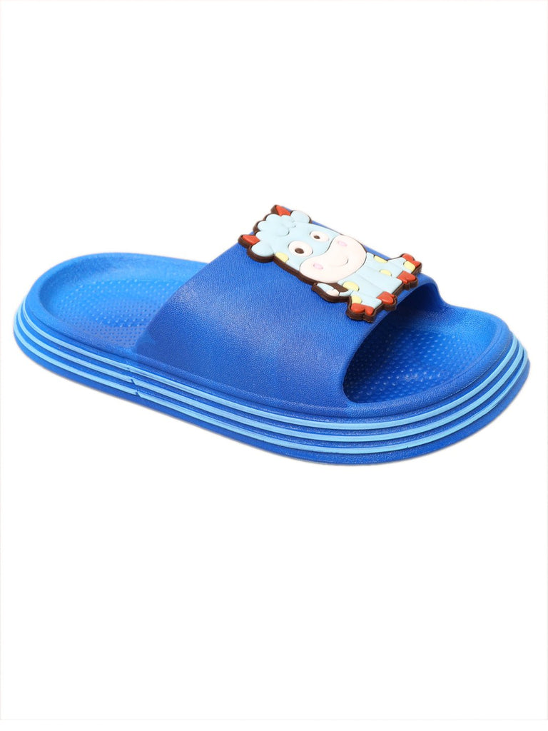 Deep blue children's slide sandal with cow applique top view