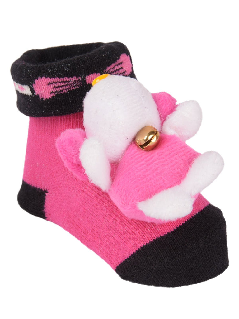 Side view of pink teddy bear stuffed toy socks with cushioned insole.