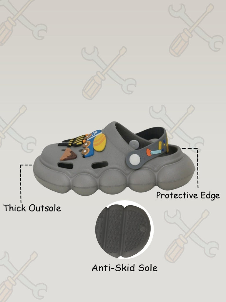 Side View of Yellow Bee Construction Motif Grey Clogs Showing Thick Outsole