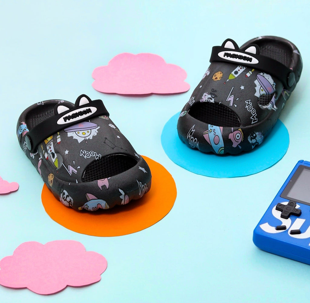 Children's Black Space-Themed Sandals with colorful space graphics