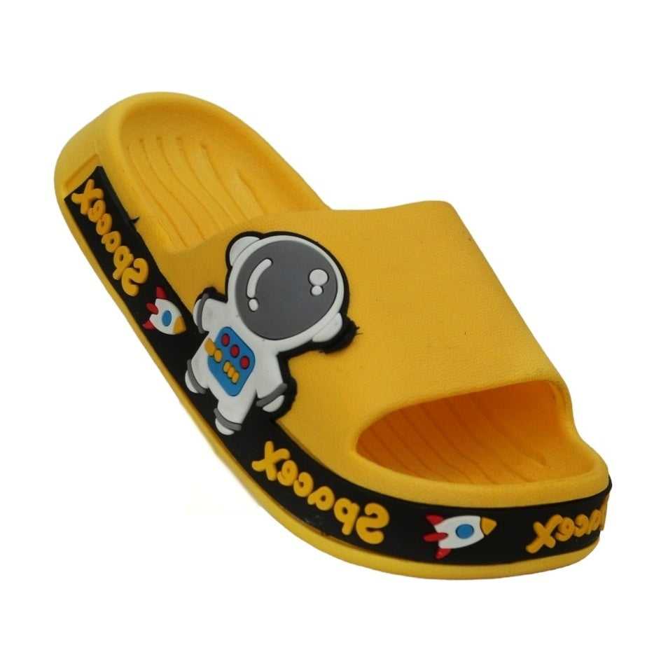 Side view of dark yellow astronaut slides highlighting the playful design