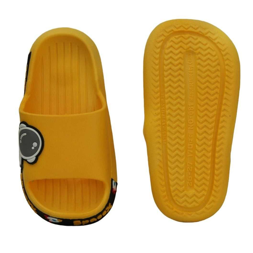 Top and bottom view of dark yellow slides, showcasing the tread pattern