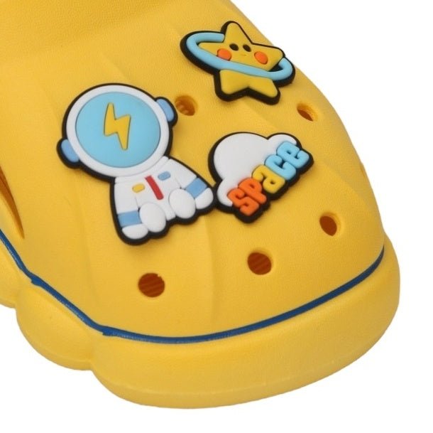 Close-Up of Yellow Space Clogs with Astronaut and Rocket Design