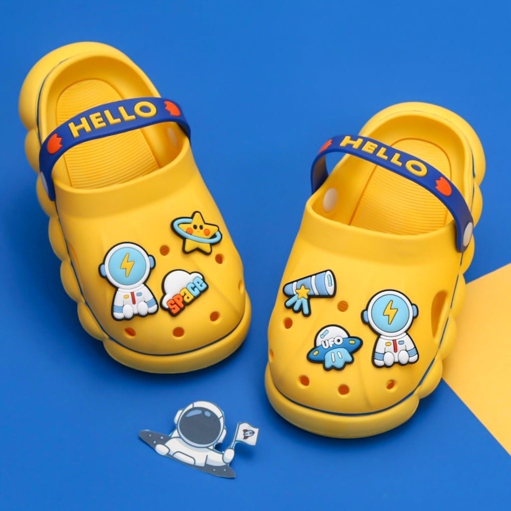 Vibrant Yellow Space-Themed Clogs for Kids on a Blue Background