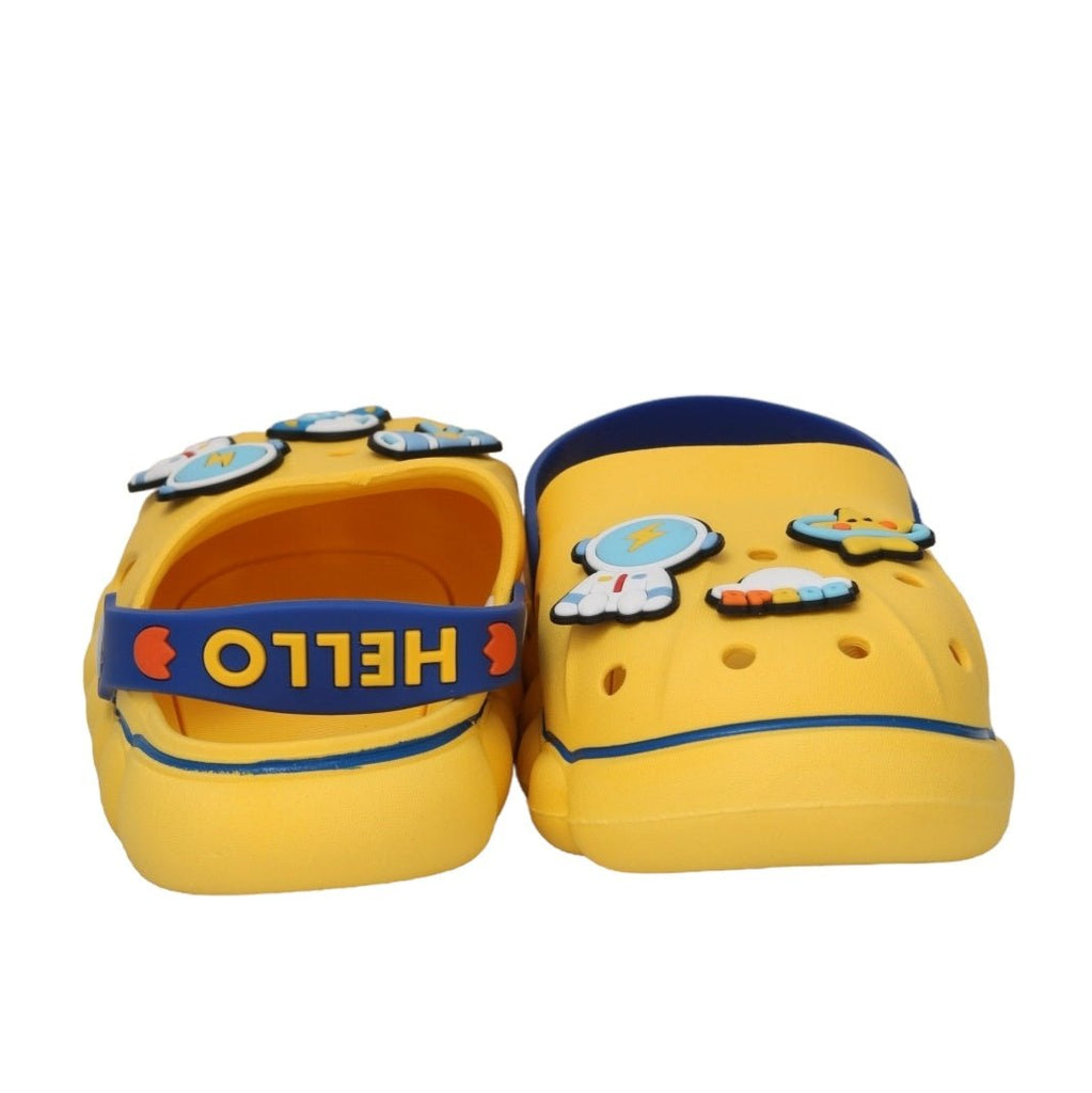 Front and Back View of Yellow Space Clogs for Kids Lined Up Side by Side