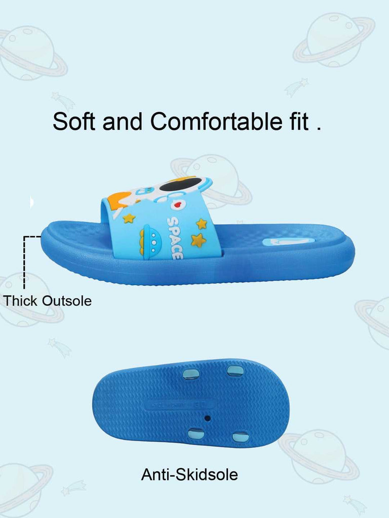 Water-resistant blue slides with astronaut detail, perfect for active children