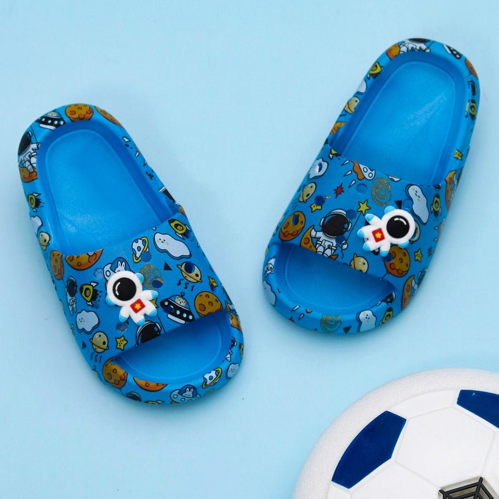 Youth Blue Slides with Space and Astronaut Print for Cosmic Adventures