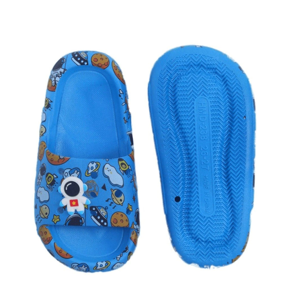 Back View of Blue Slides with Astronaut and Space Print for Kids