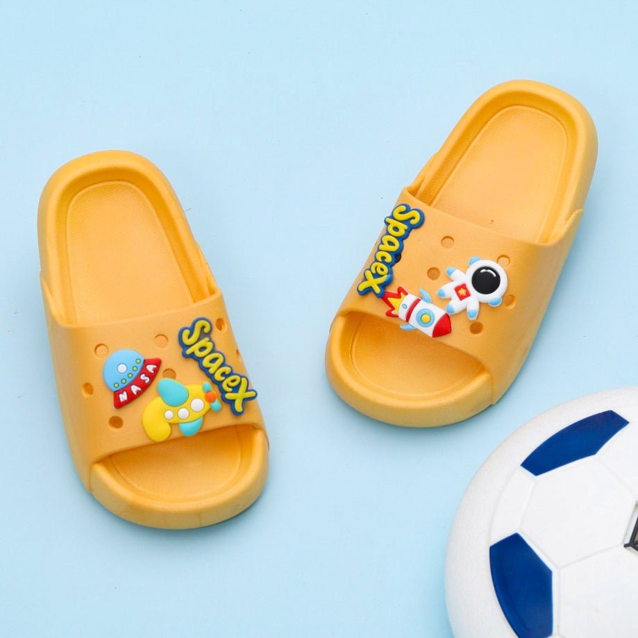 Kids' Yellow Space Theme Motif Slides with Rocket and Planets
