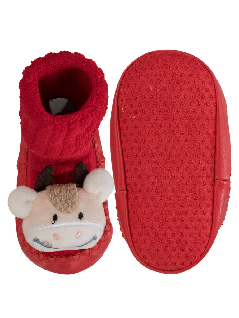 Back view of Yellow Bee's cow-themed red shoe sock highlighting the anti-skid sole feature.