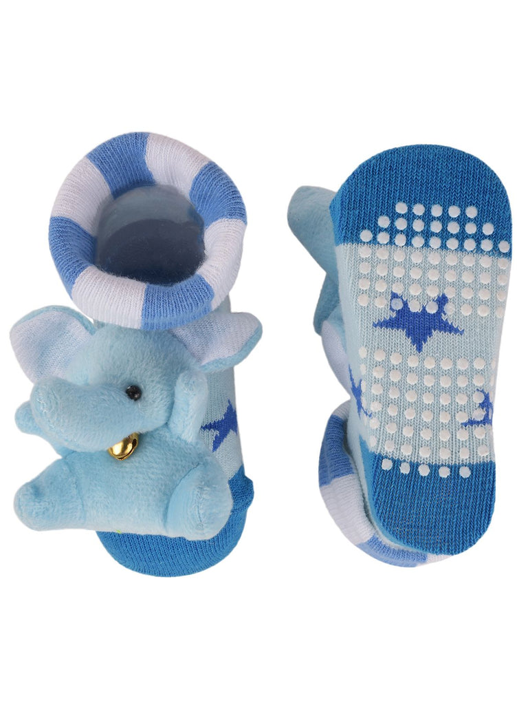 Top view of Yellow Bee's elephant baby socks, showcasing the snug cuff and plush toy detail