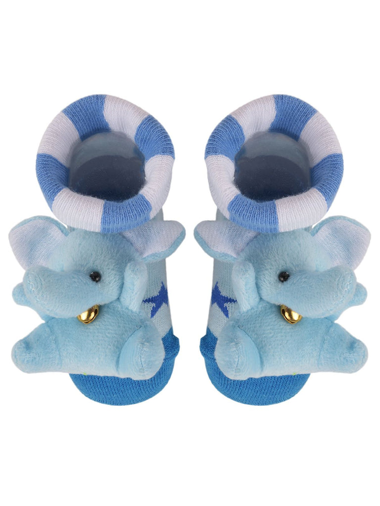 Pair of baby socks by Yellow Bee with a soft blue elephant design for playful and safe first steps