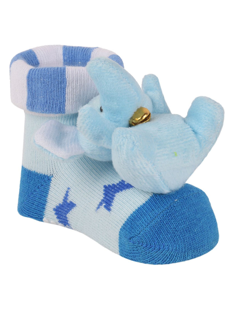 Side view of Yellow Bee's cozy elephant plush socks, perfect for keeping baby's feet warm