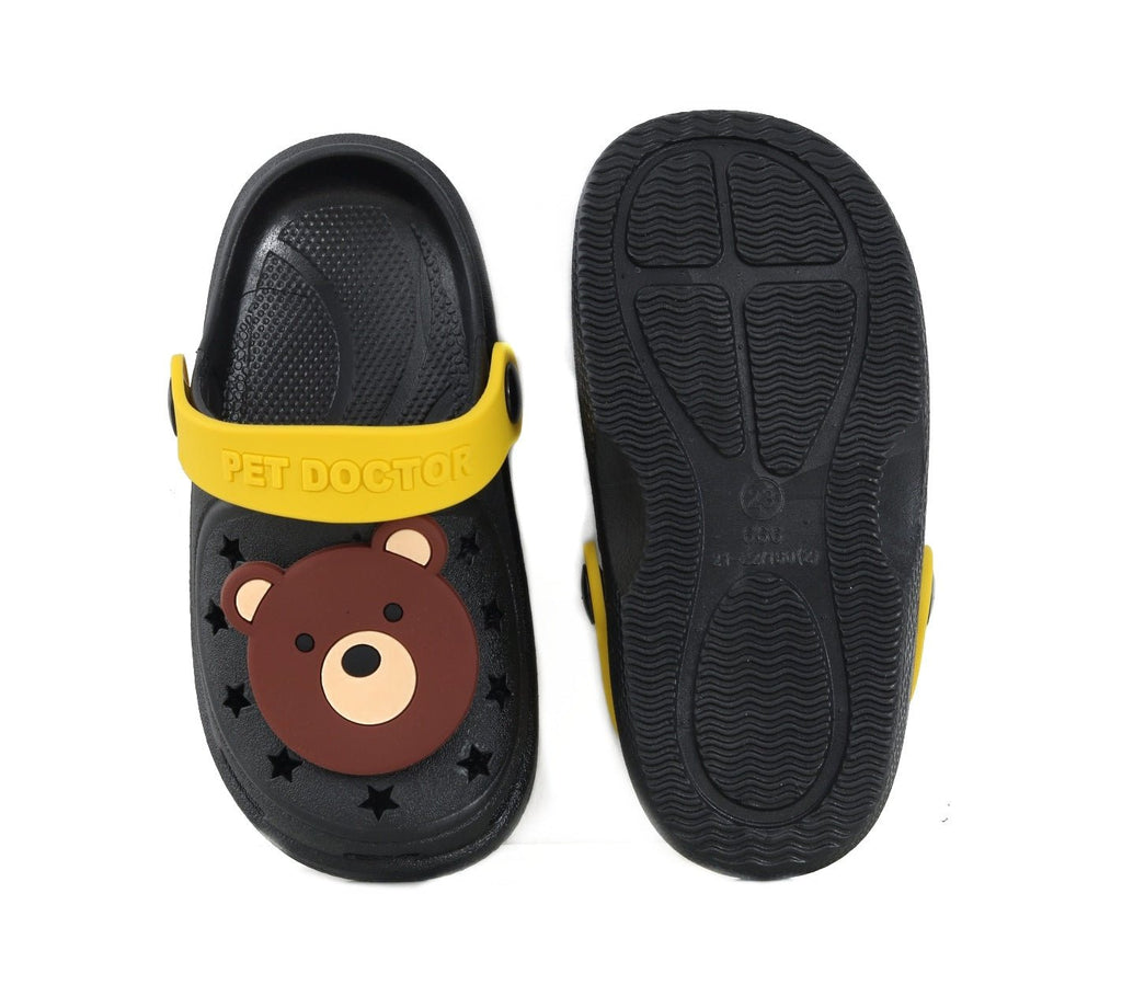 Underside view of toddler's bear motif clog showcasing the non-slip sole