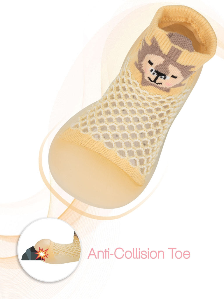 Top View of Yellow Bee Lion Shoe Socks with Anti-Collision Toe Feature