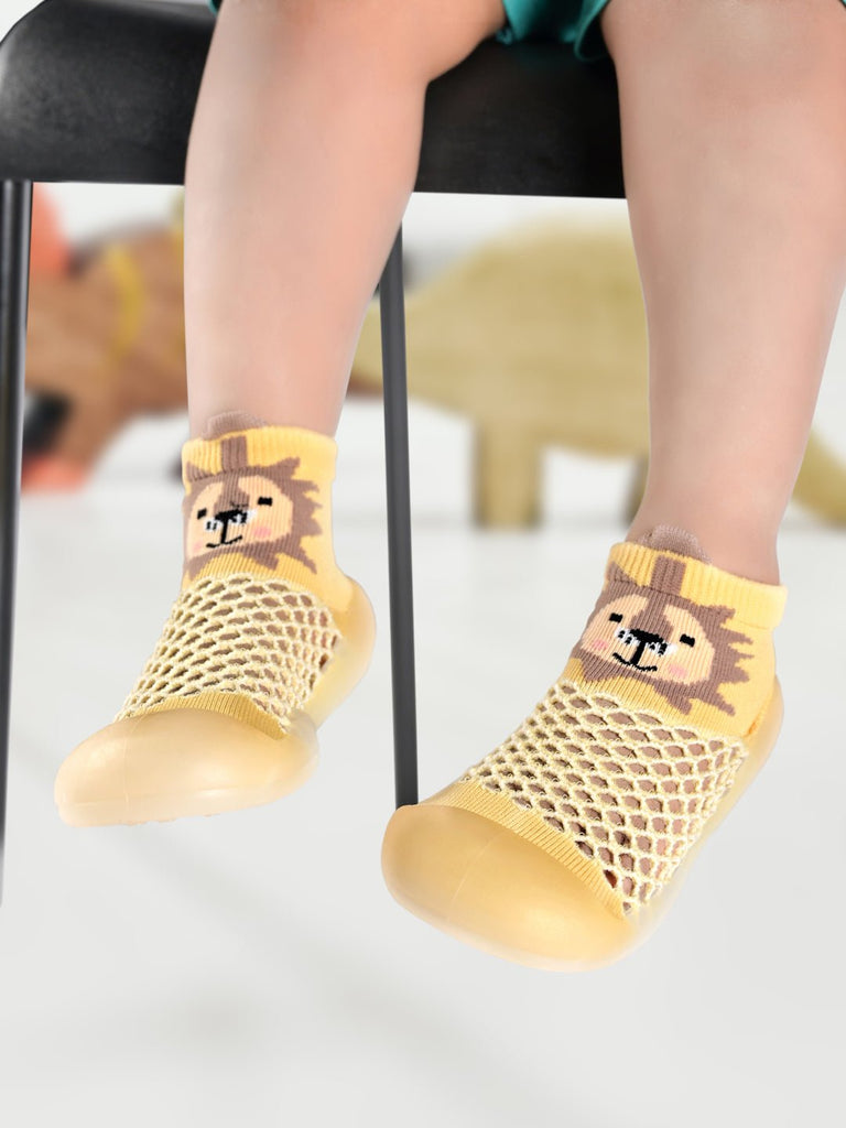 Child Wearing Yellow Bee Lion Shoe Socks with Non-Slip Sole