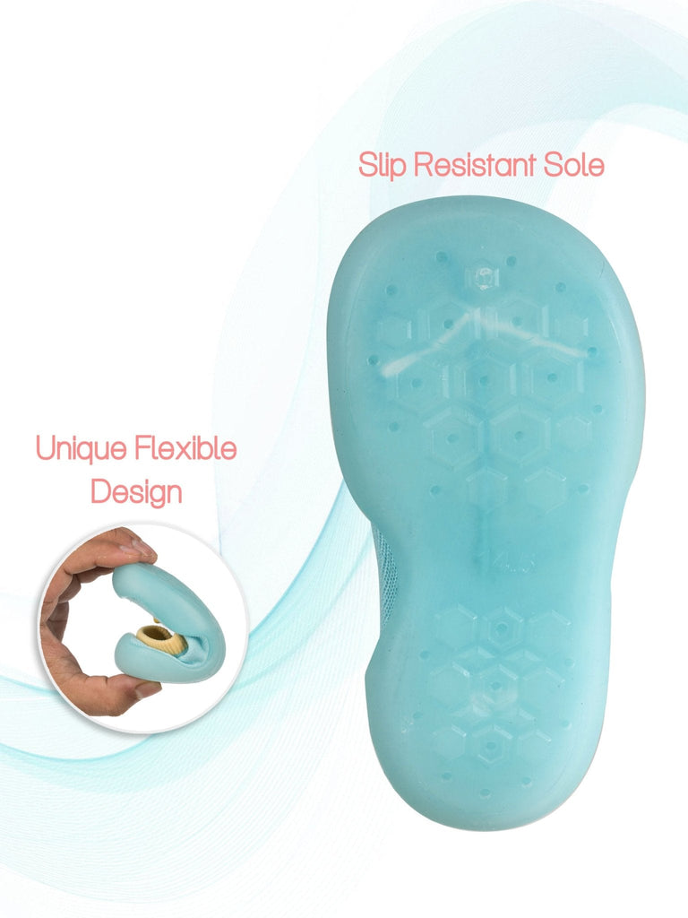 Close-up of flexible, slip-resistant sole on duck shoe socks