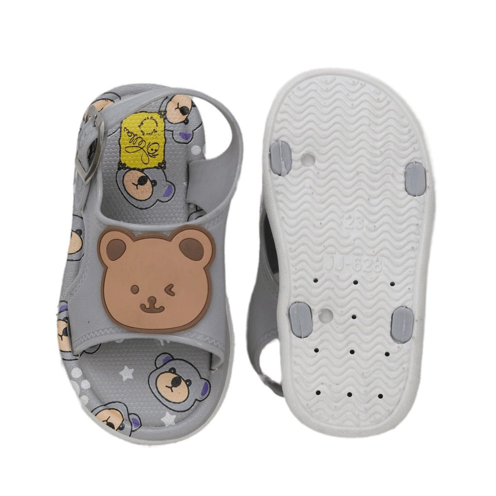 Bottom view of grey bear applique sandals showing the anti-slip sole design.