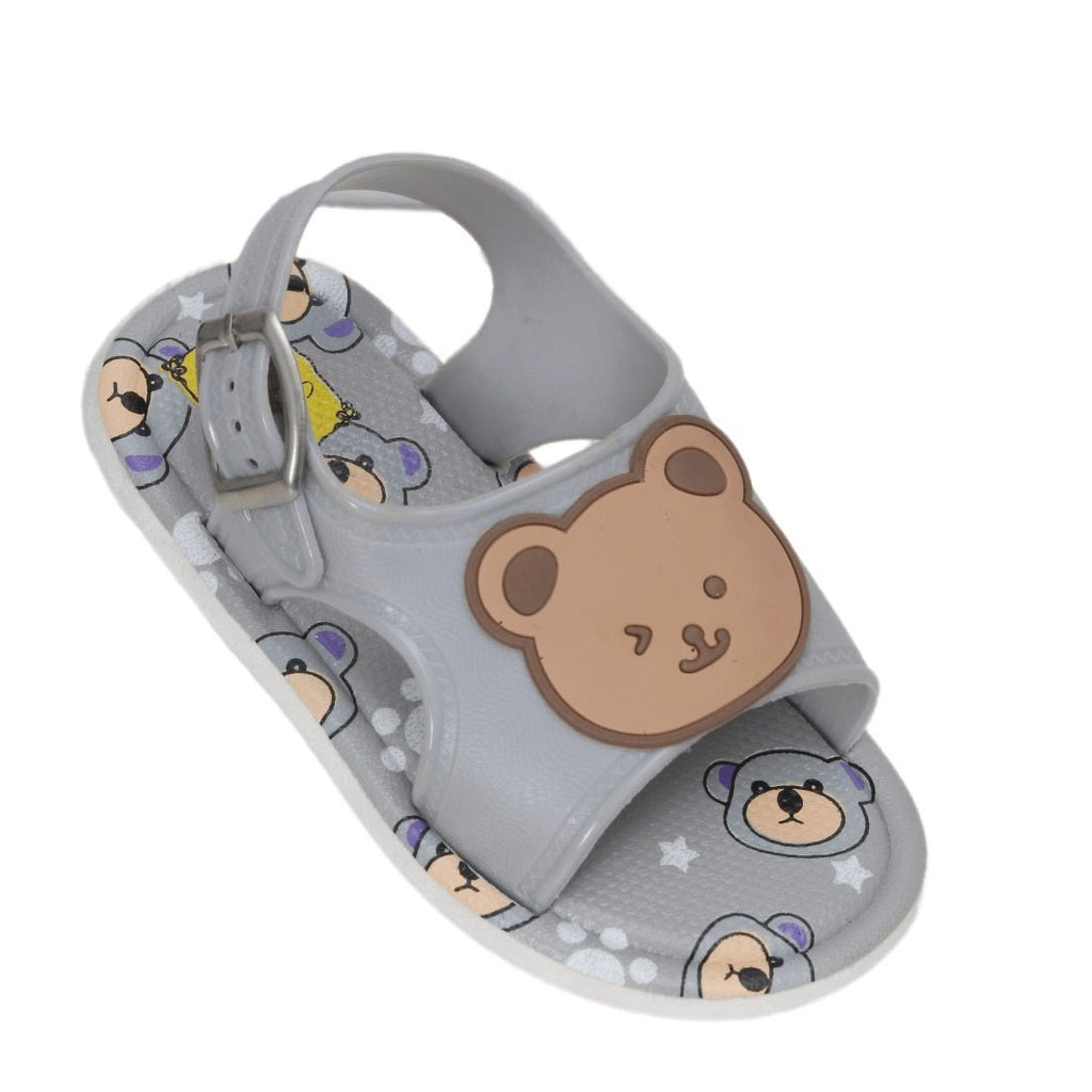 Top view of grey bear applique sandals showcasing the playful bear pattern.