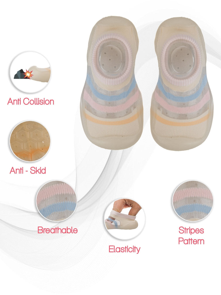 Top view of Cream Striped Shoe Socks for Girls highlighting the anti-skid pattern and elastic comfort