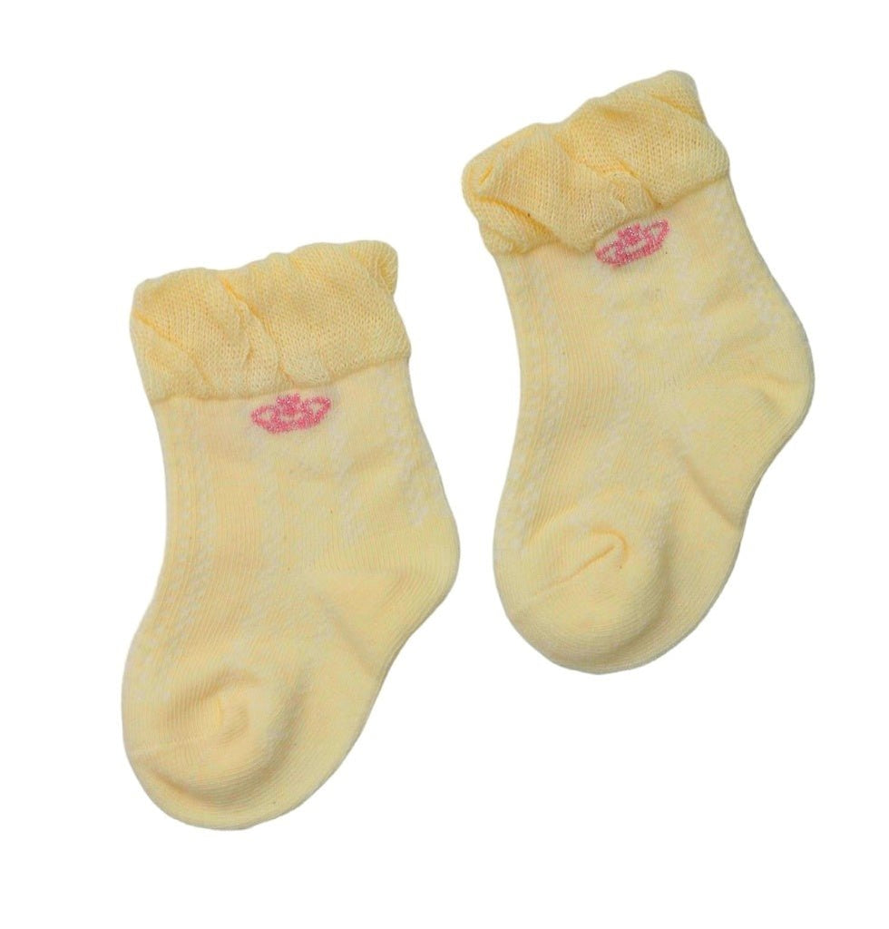 Yellow Bee's yellow Crown Ruffle Cuff Sock for toddler girls, featuring a non-slip grip design