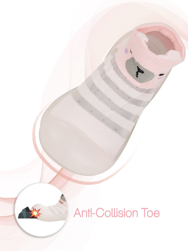 Protective anti-collision toe feature on Bear Striped Shoe Socks by Yellow Bee.