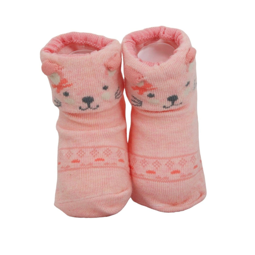 Pink cat-face baby socks isolated on a white background, showcasing the adorable design.