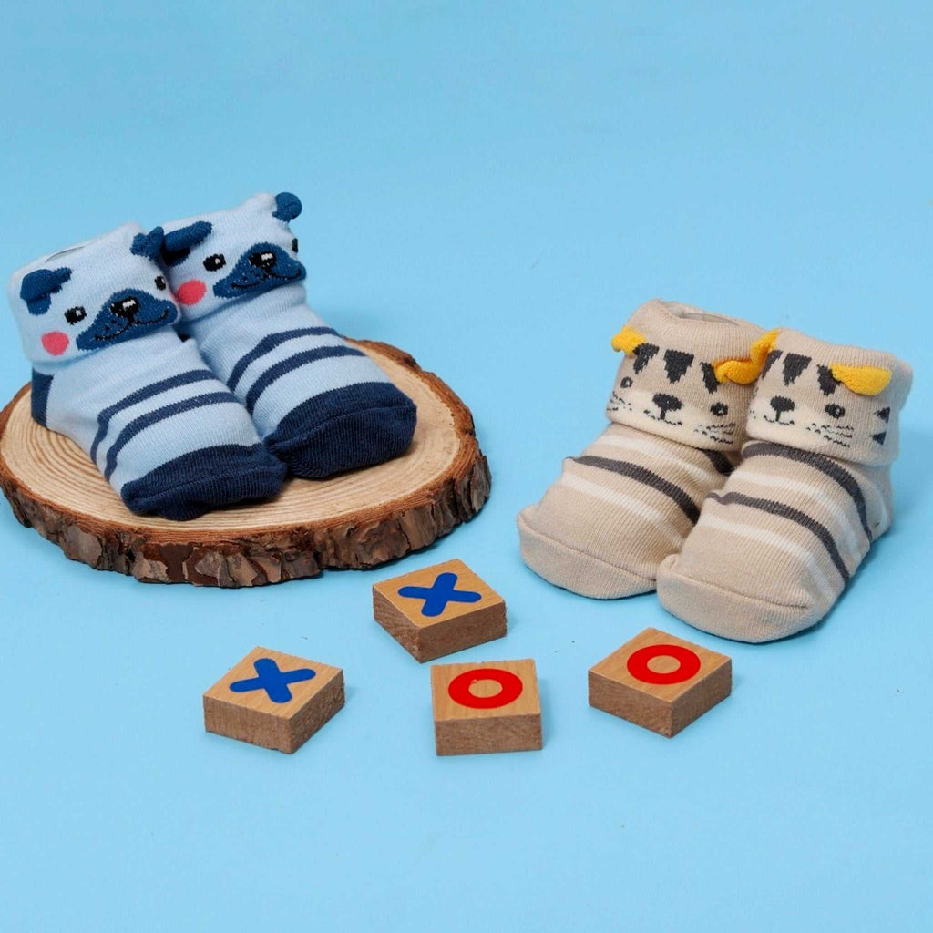 Blue and grey striped animal-themed socks for baby boys with anti-skid soles.