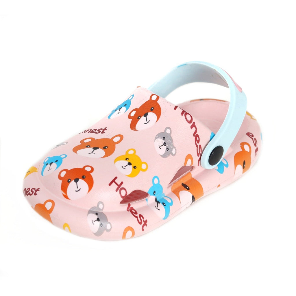 Side View of Pastel Pink Toddler Clog with Cute Bear Illustrations and Orange Accents