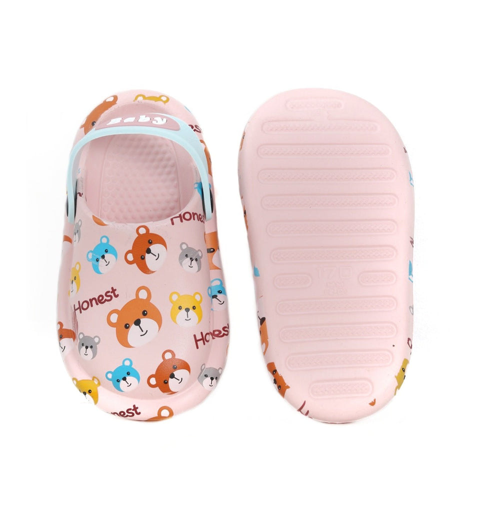 Top and Sole View of Toddler's Bear Printed Clogs Showcasing Non-Slip Design