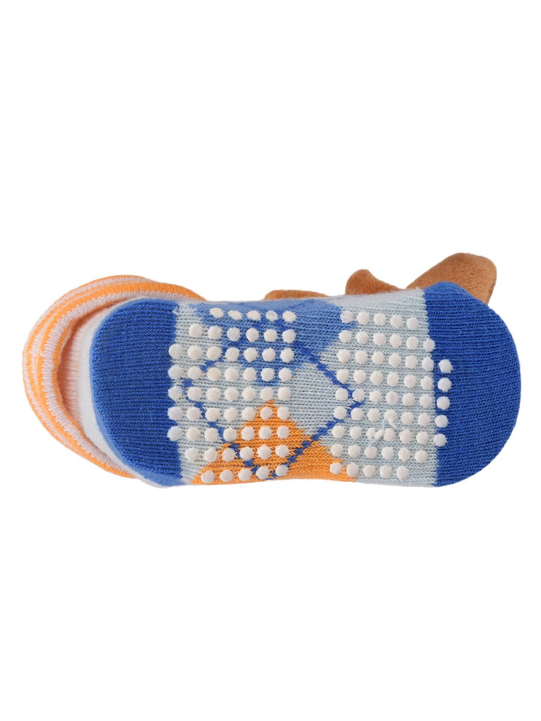 Sole view of Bear Stuffed Toy Socks highlighting anti-slip grips and colorful design.
