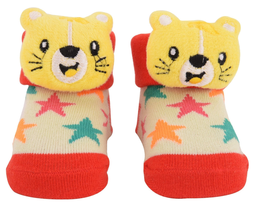 Pair of yellow bear stuffed toy socks for infants