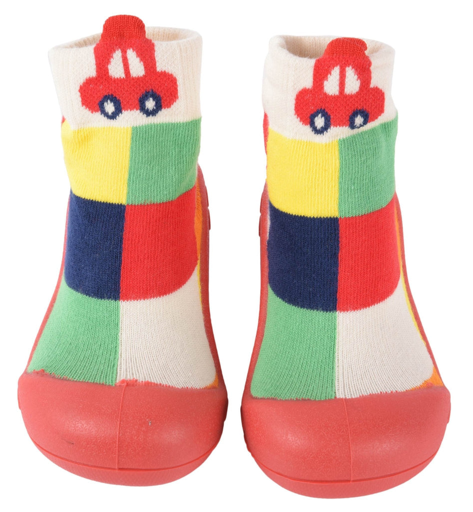 Yellow Bee Car Shoe Socks with Colorful Stripes and Red Car Design - Front View