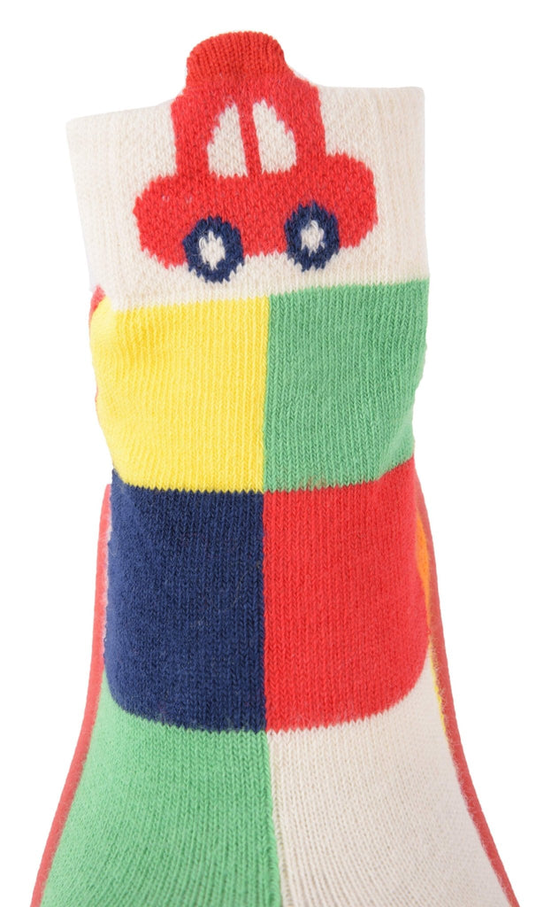 Close-up of the Red Car Design on Yellow Bee Car Shoe Socks